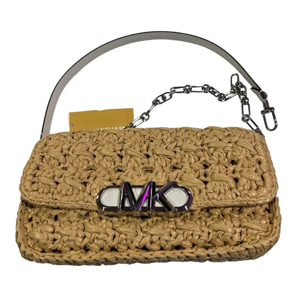 Michael Kors Women’s Parker Medium Woven Straw Beige Shoulder Bag NWT - Picture 1 of 11